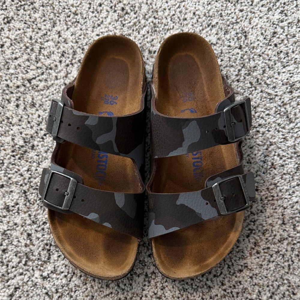 Birkenstock Two-Buckle Camouflage Slide Sandals - Brown/Gray
